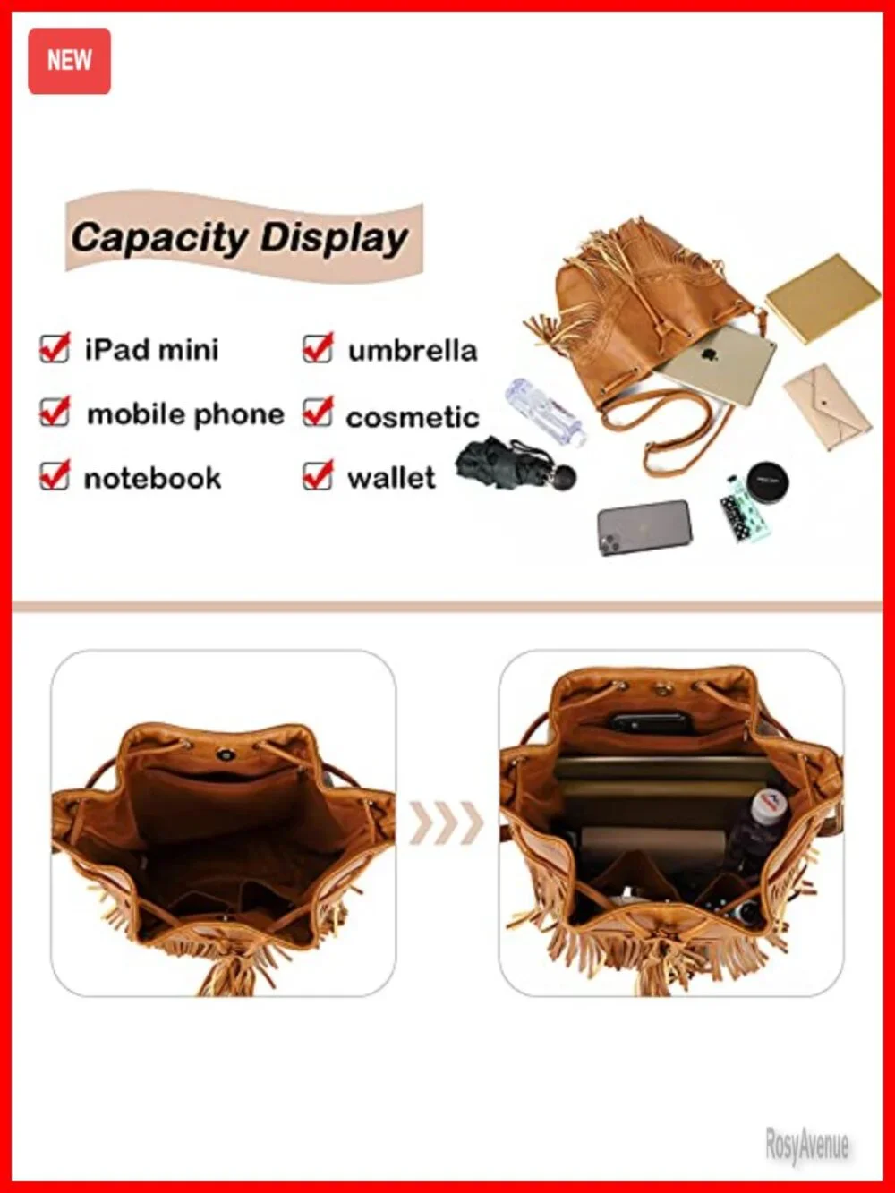 Fringe Bucket Bag Drawstring Crossbody Shoulder Purse Women PU Leather